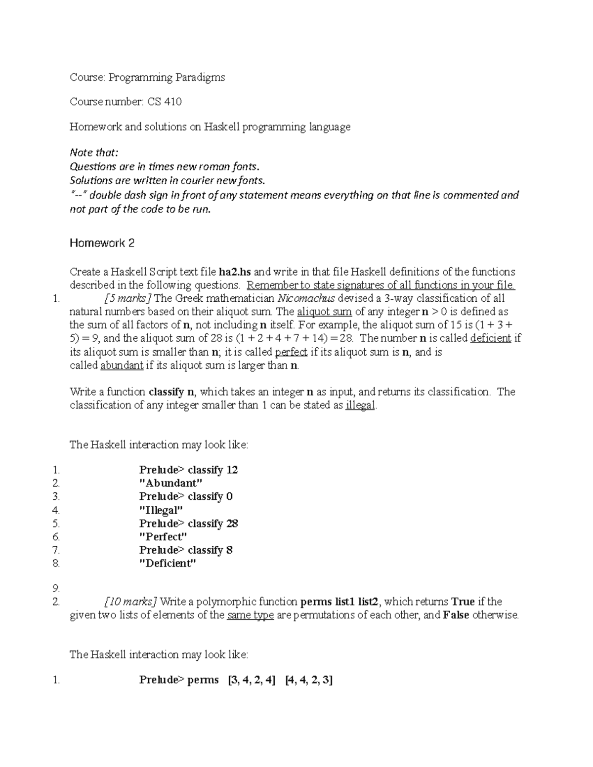 Homework 2 and solutions on Haskell programming language - Solutions ...