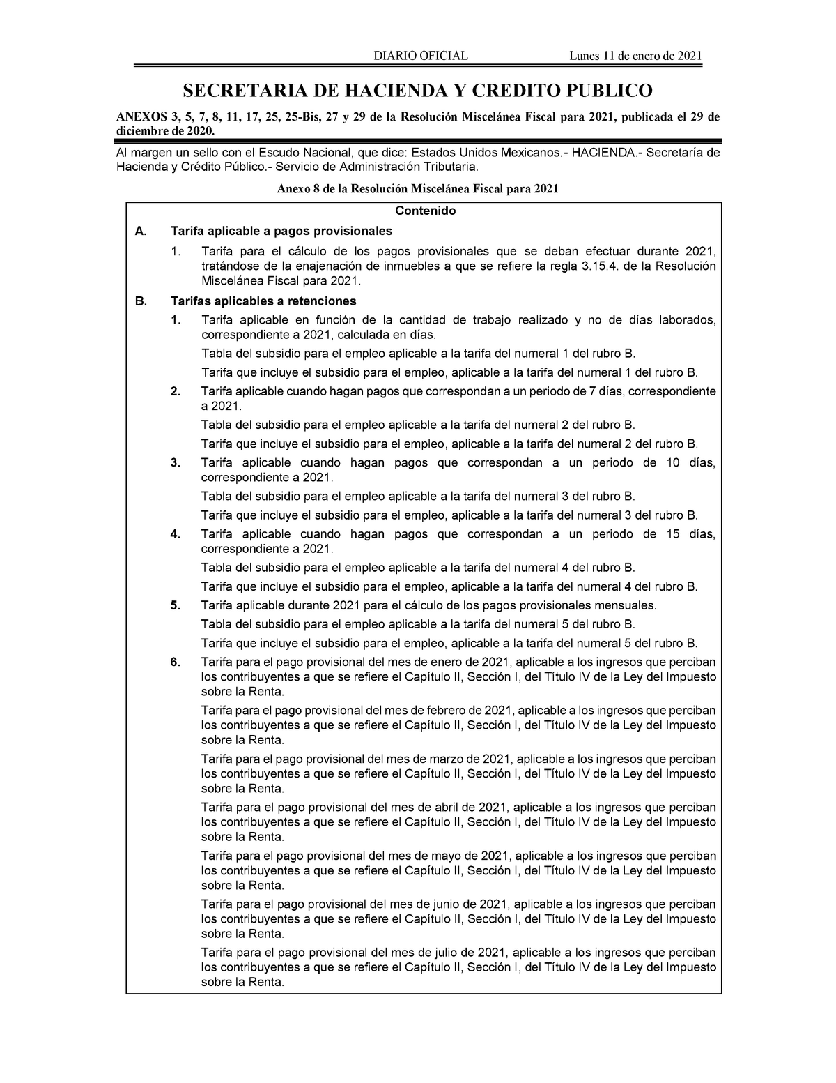 Anexo 8 RMF 2021 DOF - DIARIO OFICIAL Lunes 11 De Enero De 2021 ...