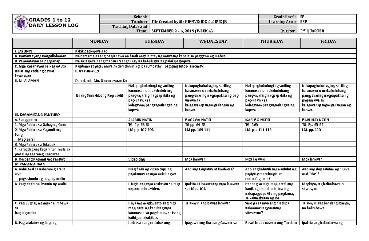 DLL ESP 4 Q2 W4 Educational notes and terms. GRADES 1 to 12 DAILY