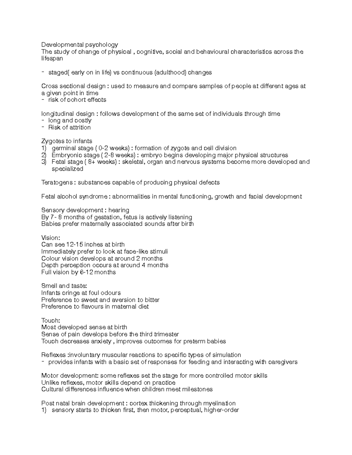 Chapter 10 - Lecture notes - Developmental psychology The study of ...
