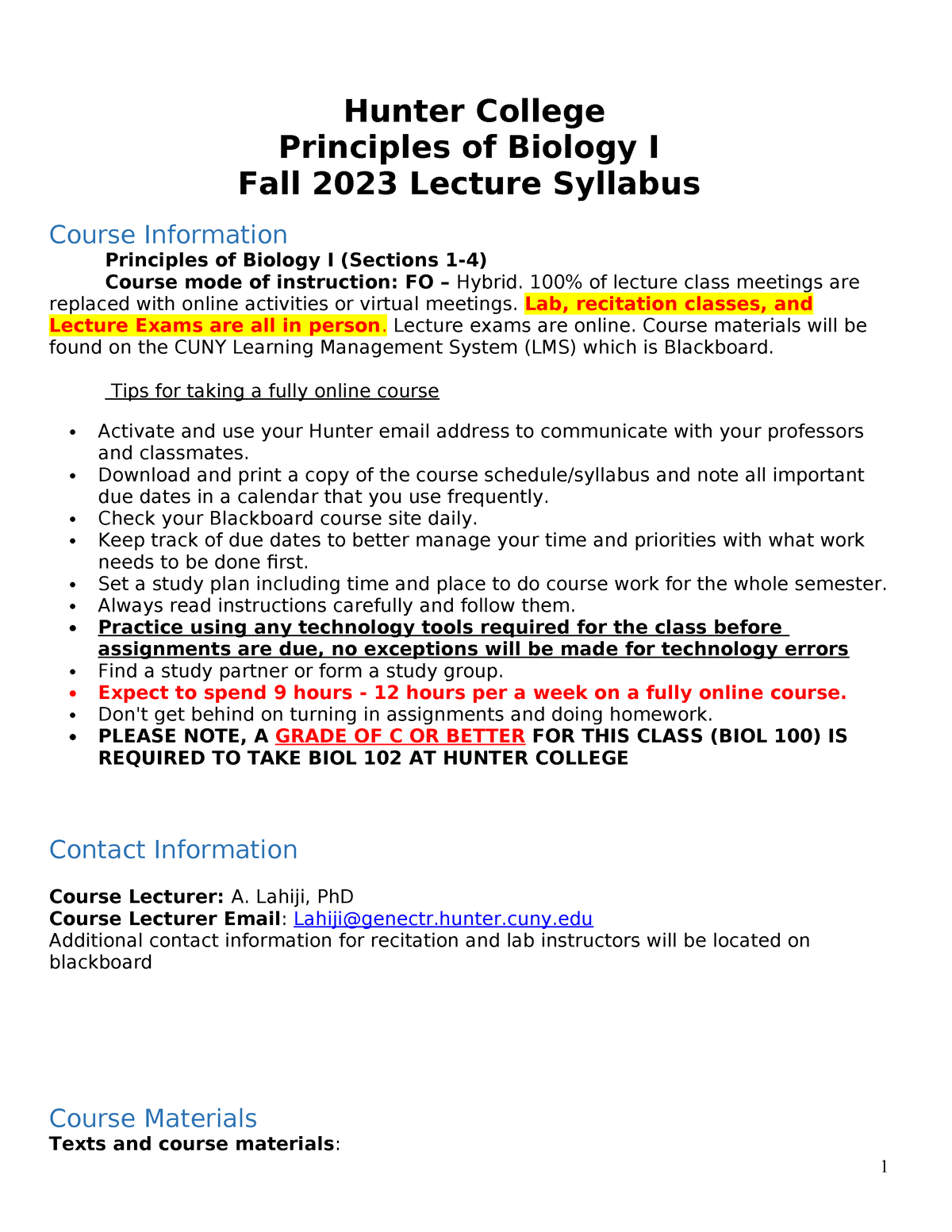 BIOL100 Syllabus FA2023 V3 - Hunter College Principles Of Biology I ...