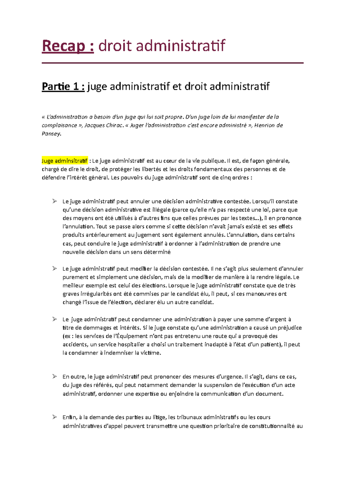 Fiche Droit Administratif - Recap : Droit Administratif Partie 1 : Juge ...