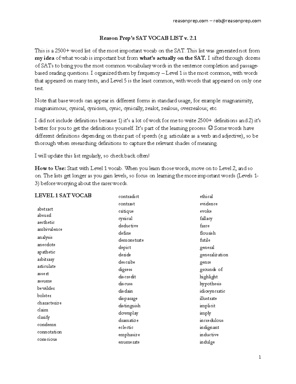 Vocab 3 - Reason Prep’s SAT VOCAB LIST v. 2. This is a 2 500 + word ...