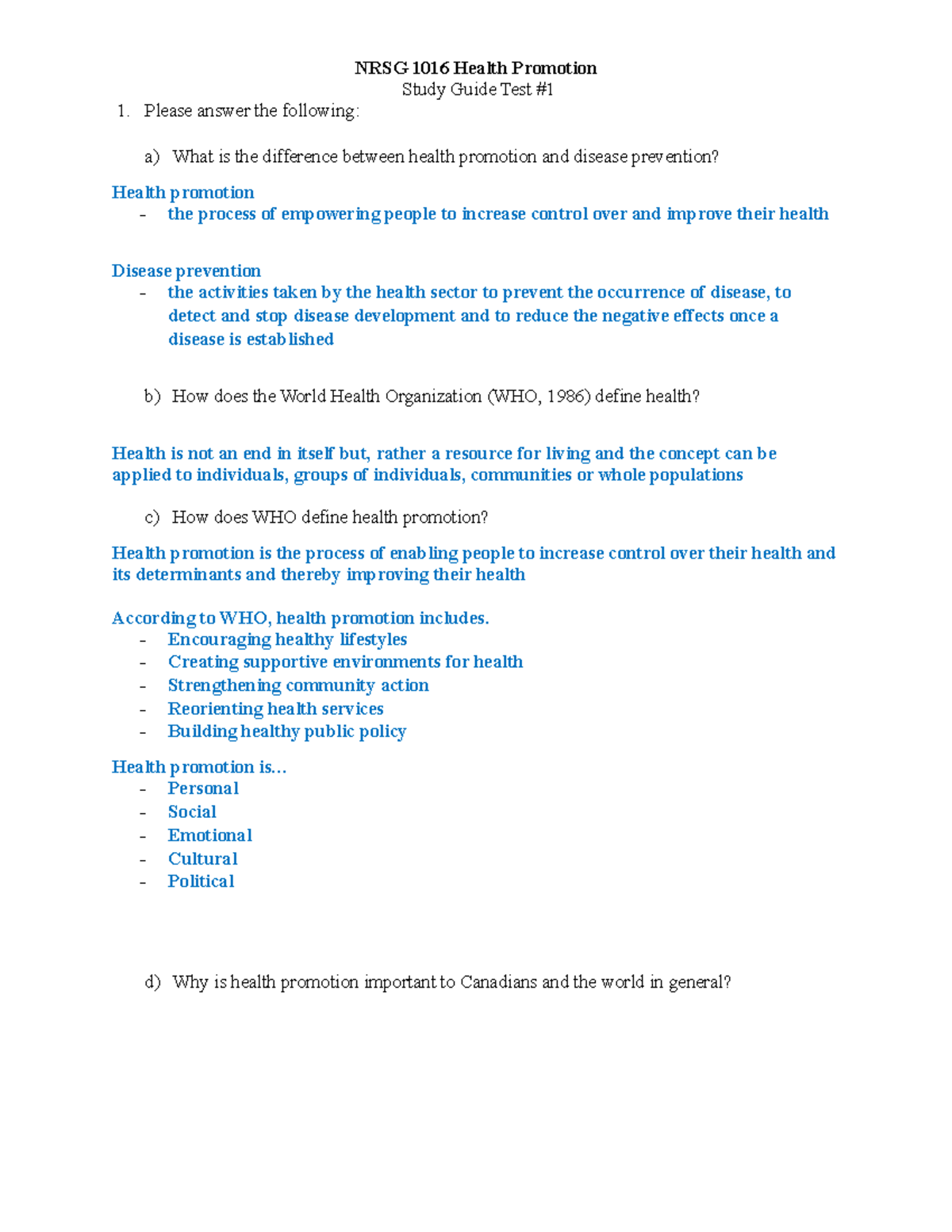 Health Promotion Review NRSG 1016 Health Promotion Study Guide Test
