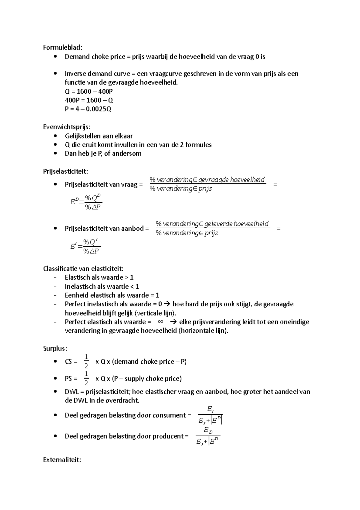 Eco Formuleblad Met Alle Formules - Formuleblad: Demand Choke Price ...