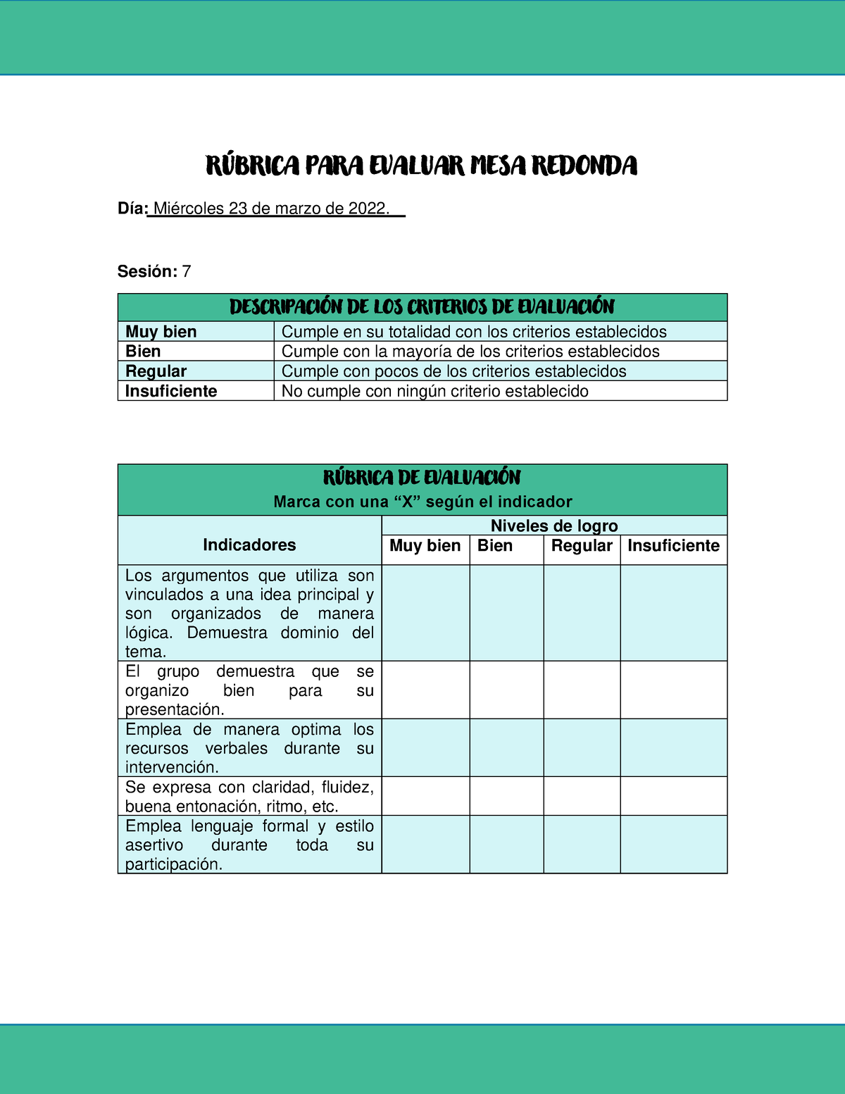 Rúbrica PARA MESA Redonda - RÚBRICA PARA EVALUAR MESA REDONDA Día ...