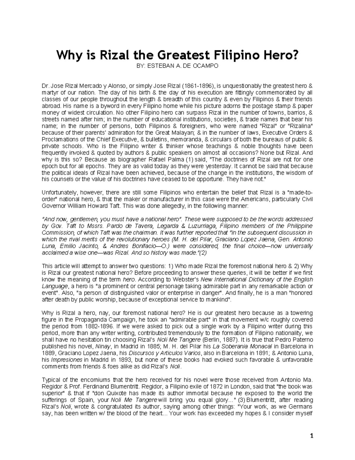 Why is Rizal the Greatest Filipino Hero - DE OCAMPO Dr. Jose Rizal ...