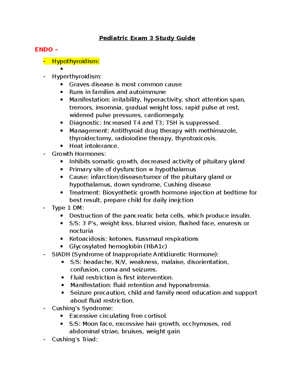 Peds Exam 3 - peds exam study guide - Pediatric Exam 3 Study Guide ENDO ...