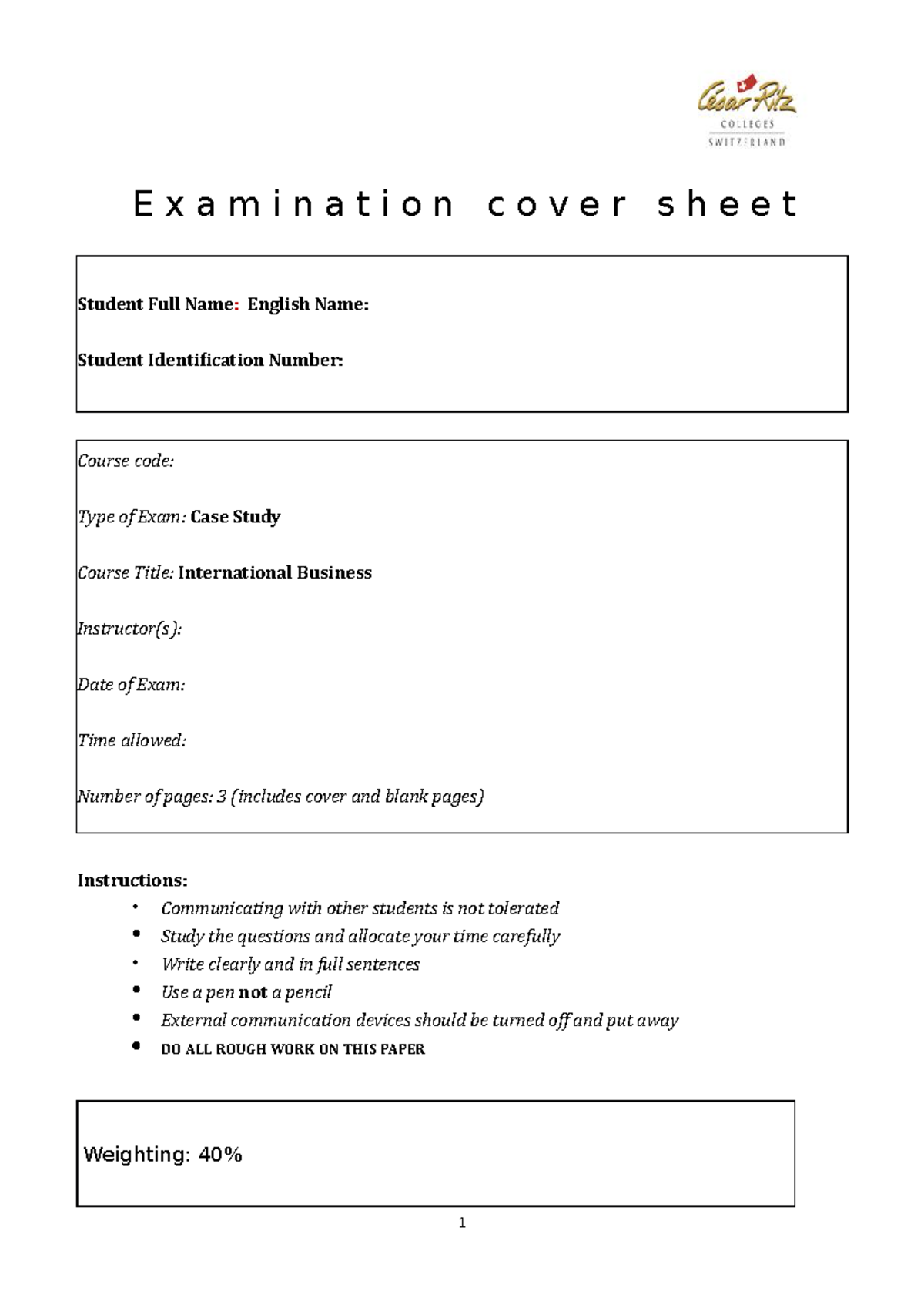 Mid Term Exam IB CC - Exercises - E x a m i n a t i o n c o v e r s h e ...