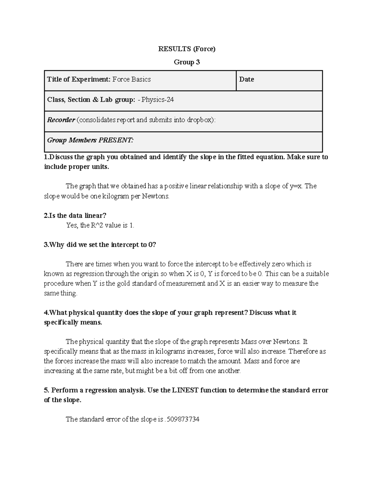 Introduction to Forces Hookes Law - RESULTS (Force) Group 3 Title of ...