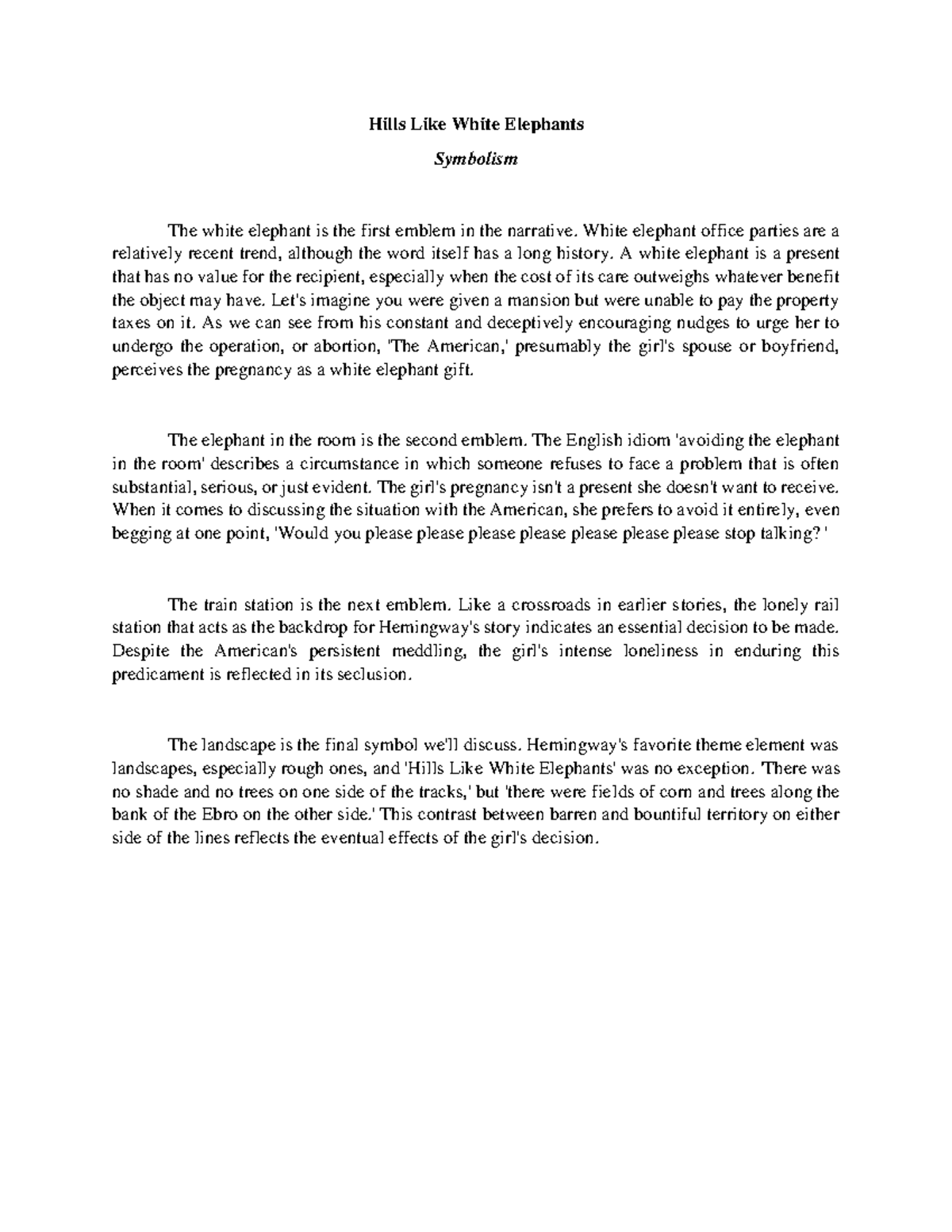 Hills Like White Elephants Symbolism Hills Like White Elephants