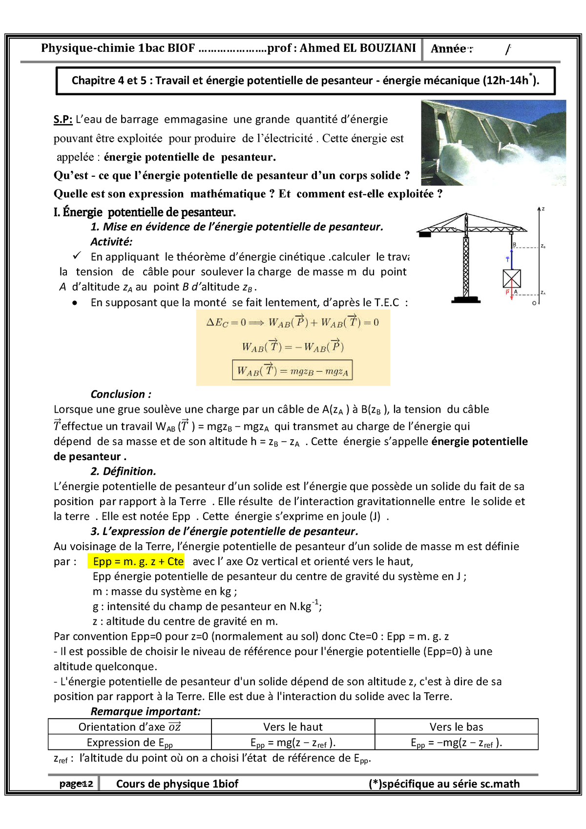 Travail et energie potentielle de pesanteur energie mecanique cours 3 2 ...