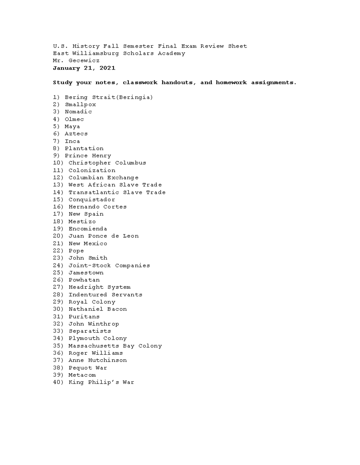 - U.S. History Fall Semester Final Exam Review Sheet - U. History Fall ...