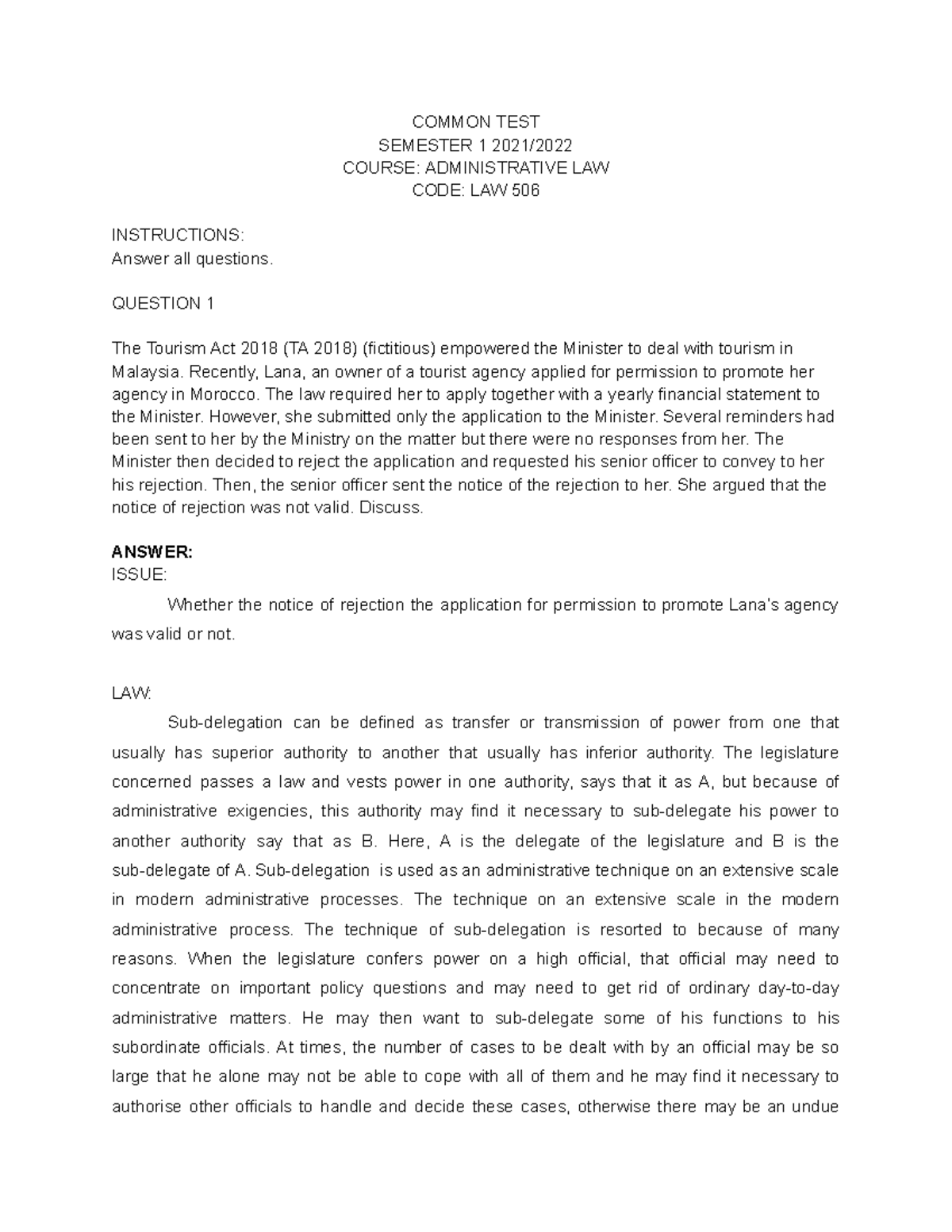 TEST LAW506 - law materials - COMMON TEST SEMESTER 1 2021/ COURSE ...