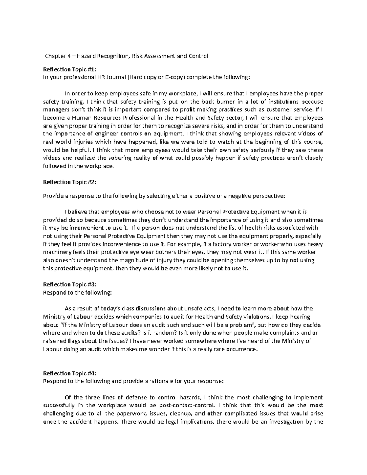 Chapter 4 Reflection - An assignment which was given, to reflect on a ...