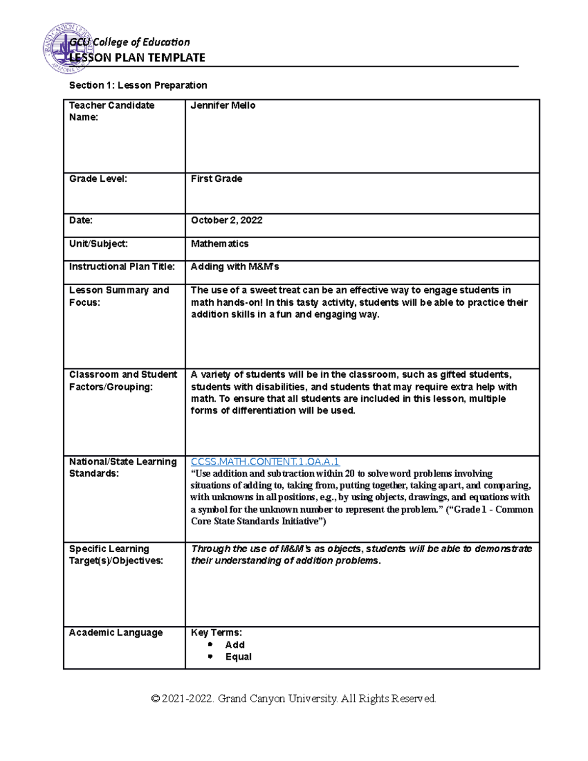 SPD 470 Operations and Algebraic Lesson - LESSON PLAN TEMPLATE Section ...