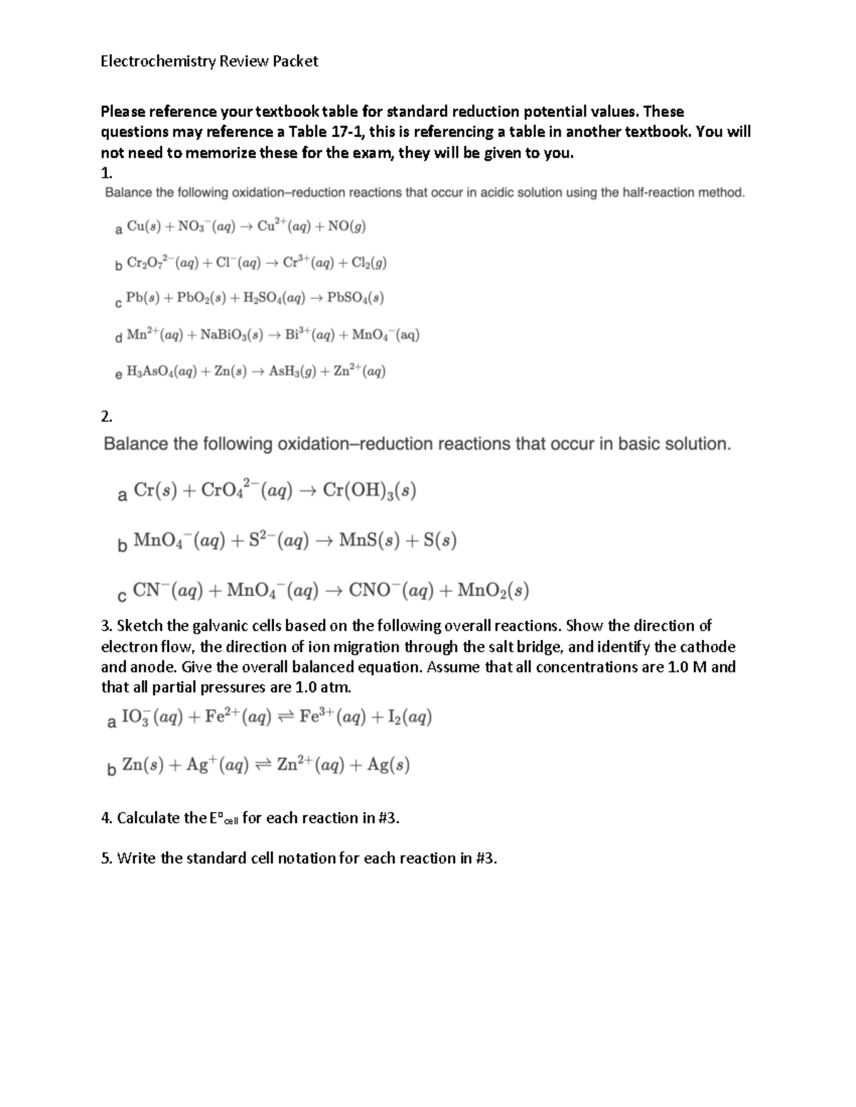 Electrochemistry Review Packet - Electrochemistry Review Packet Please ...