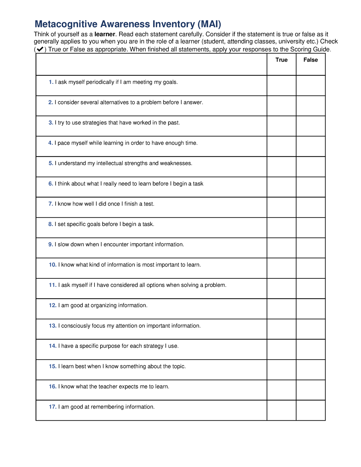 Metacognitive awareness inventory - Read each statement carefully ...