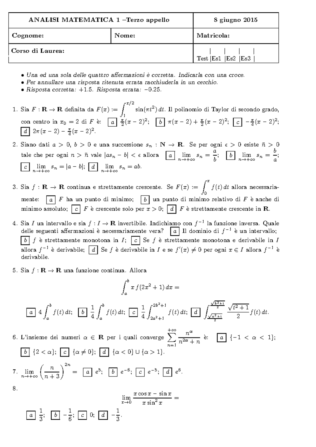 Esame Analisi Matematica 1 8 Giugno 15 Domande Studocu