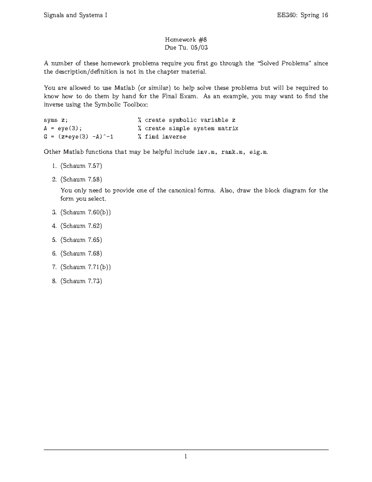 Hw08 Signals and Systems I spring 16 EE360 - Signals and Systems I ...