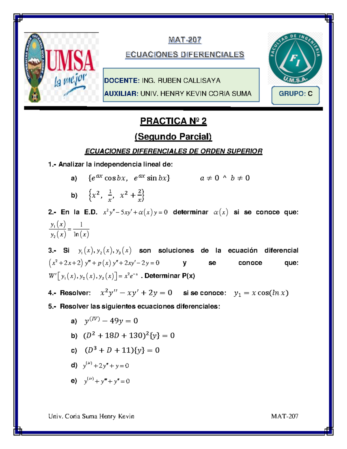 Practica 2P MAT207 Gr-C - ####### DOCENTE: ING. RUBEN CALLISAYA ...