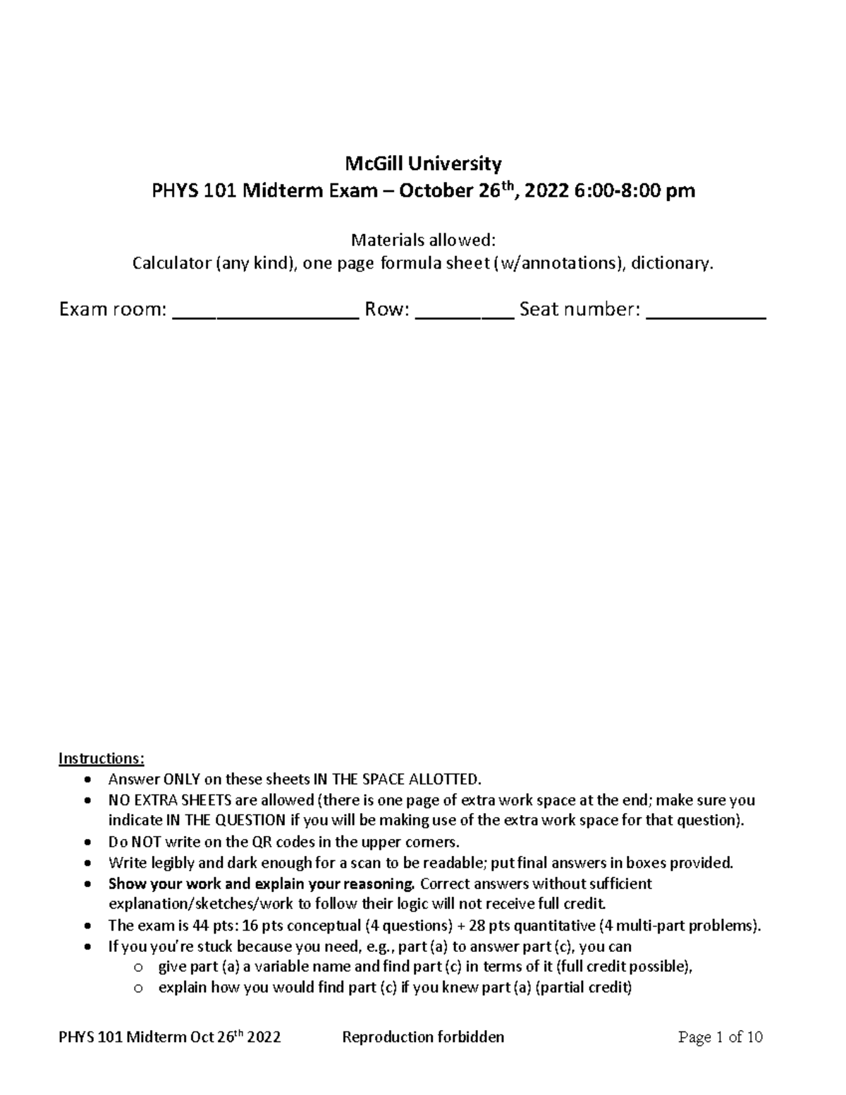 PHYS101 2022 Midterm McGill University PHYS 101 Midterm Exam