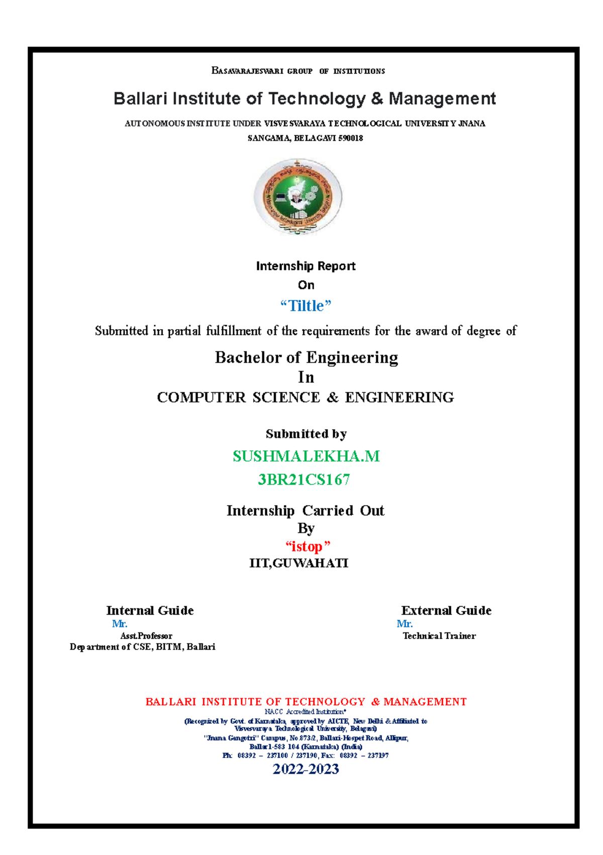 3rd sem internship report format - ####### BASAVARAJESWARI GROUP OF ...