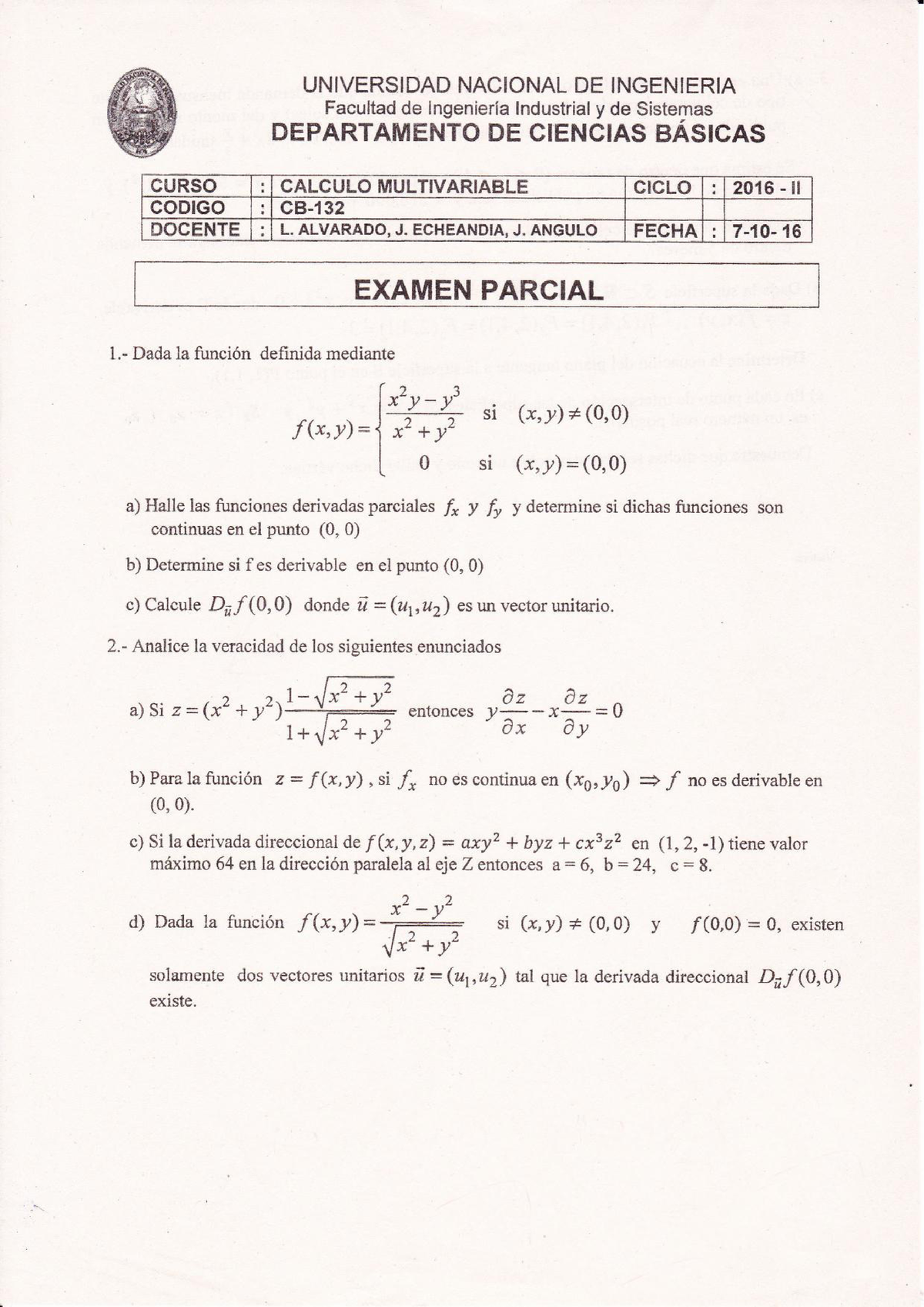 16-2 - Examen Parcial - Ecuaciones Diferenciales - UNI - Studocu