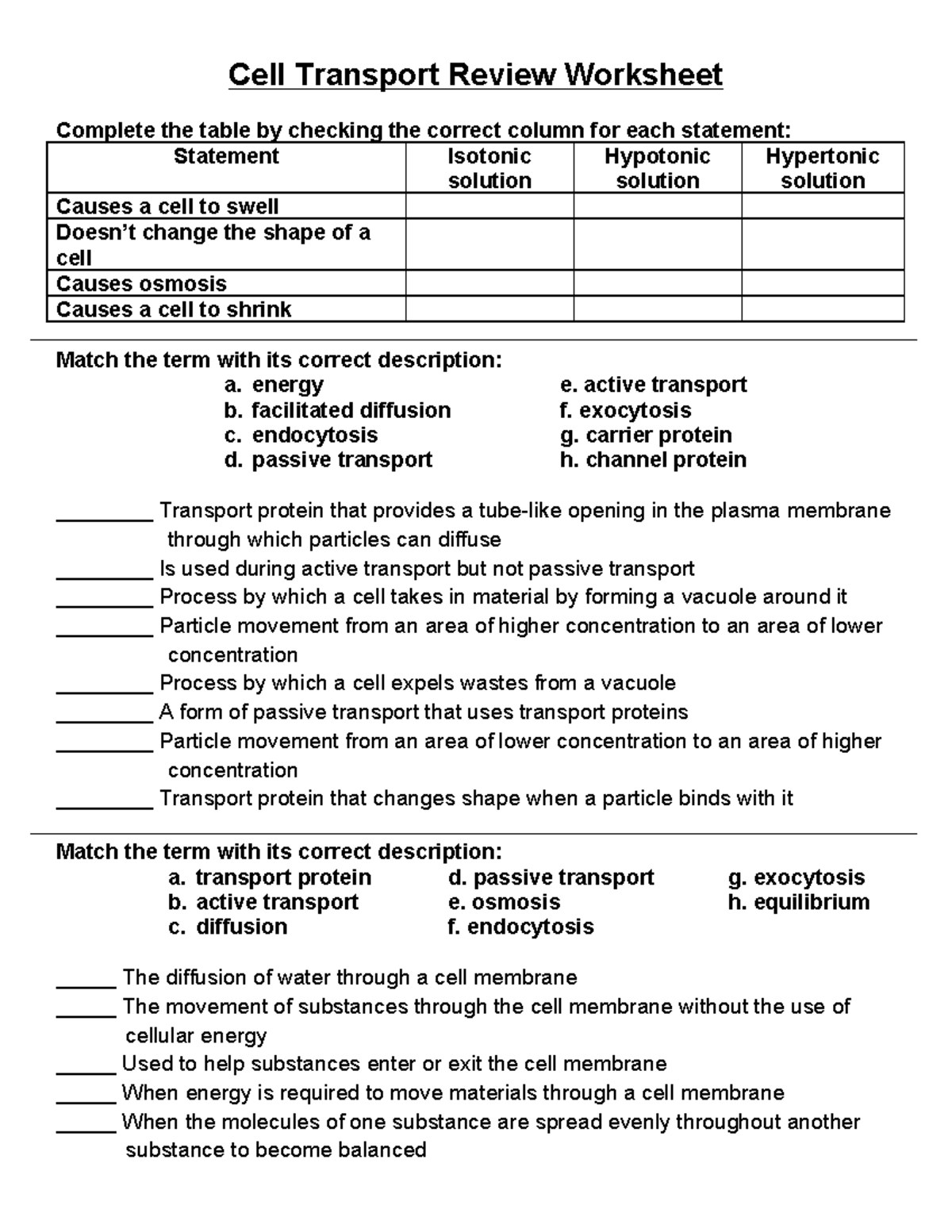 Cell Transport Review Worksheet Cell Transport Review Worksheet