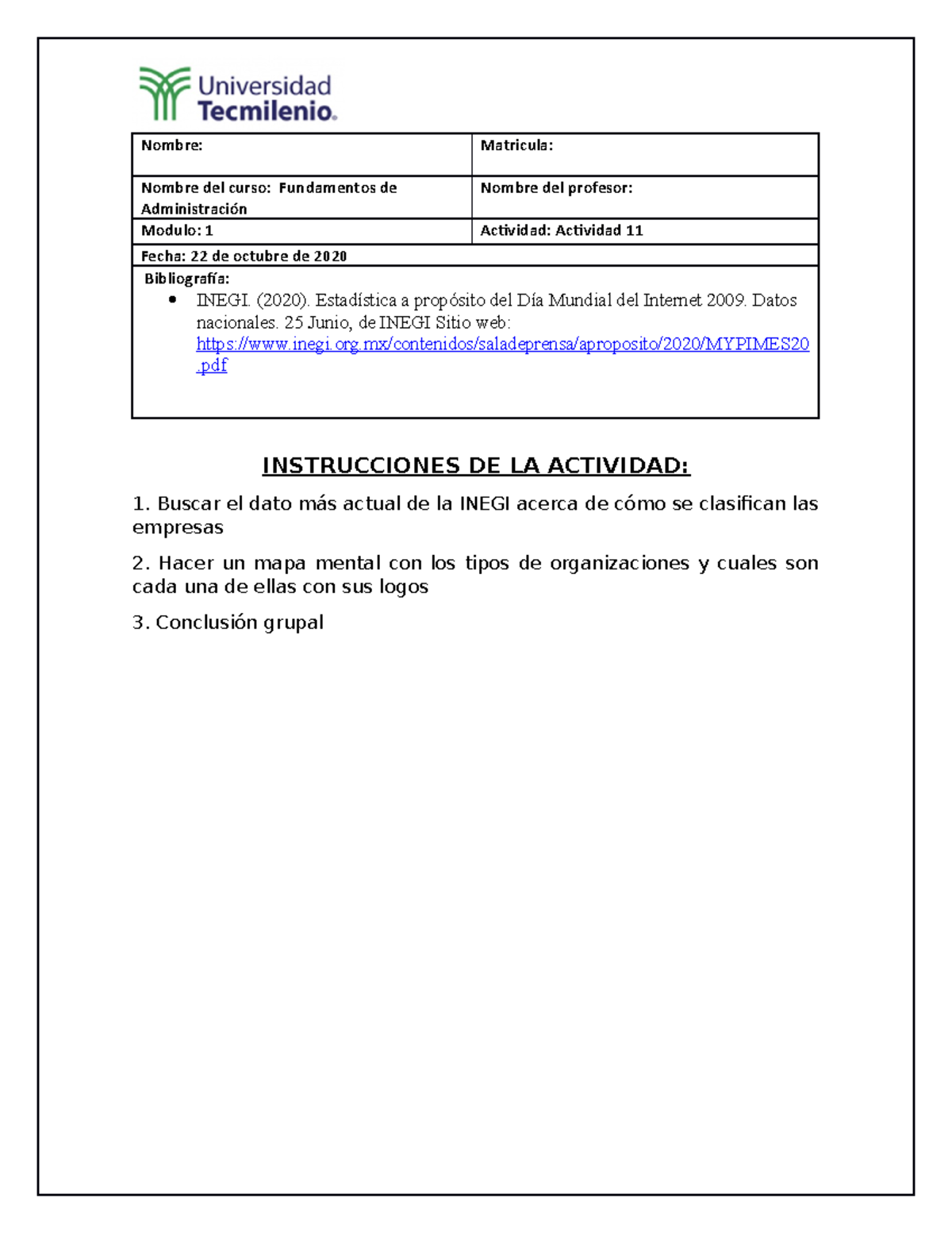 Adm ACT11 - act 11 - Nombre: Matricula: Nombre del curso: Fundamentos ...