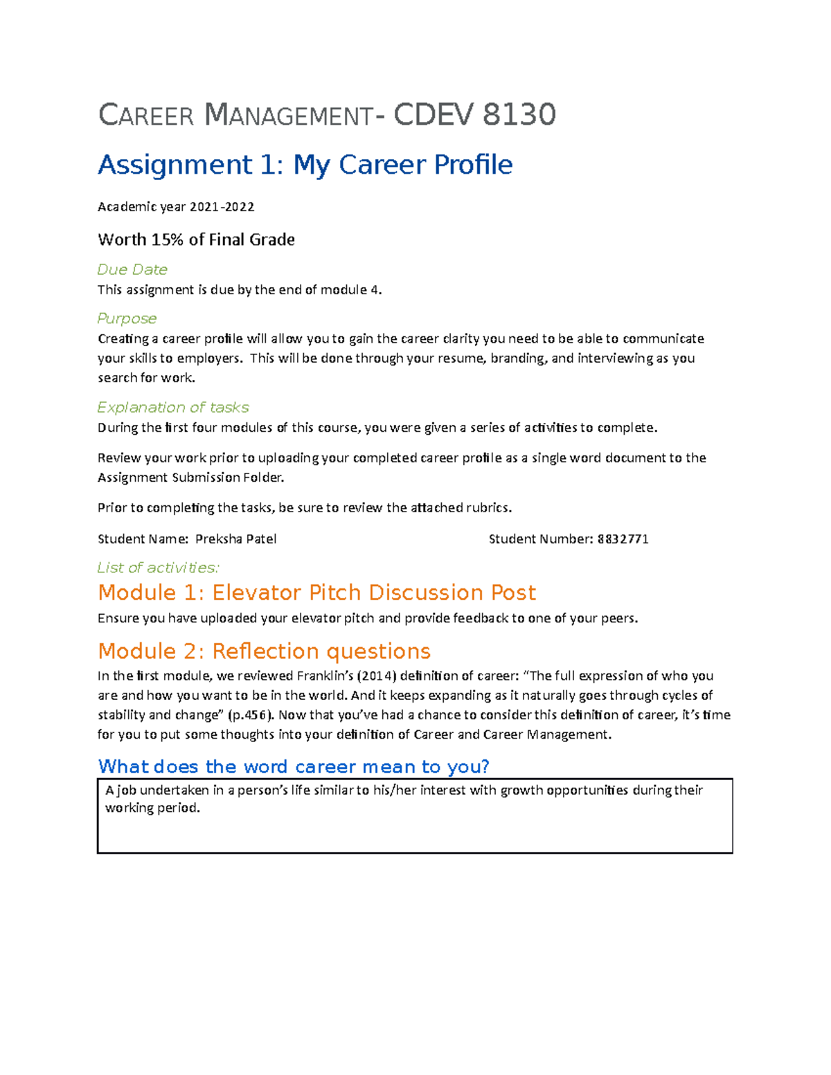 CDEV8130 Career Management Assignment 1 My Career Profile - CAREER ...