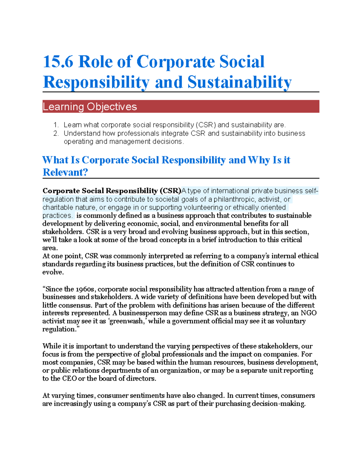 15.6 Role of Corporate Social Responsibility and Sustainability ...
