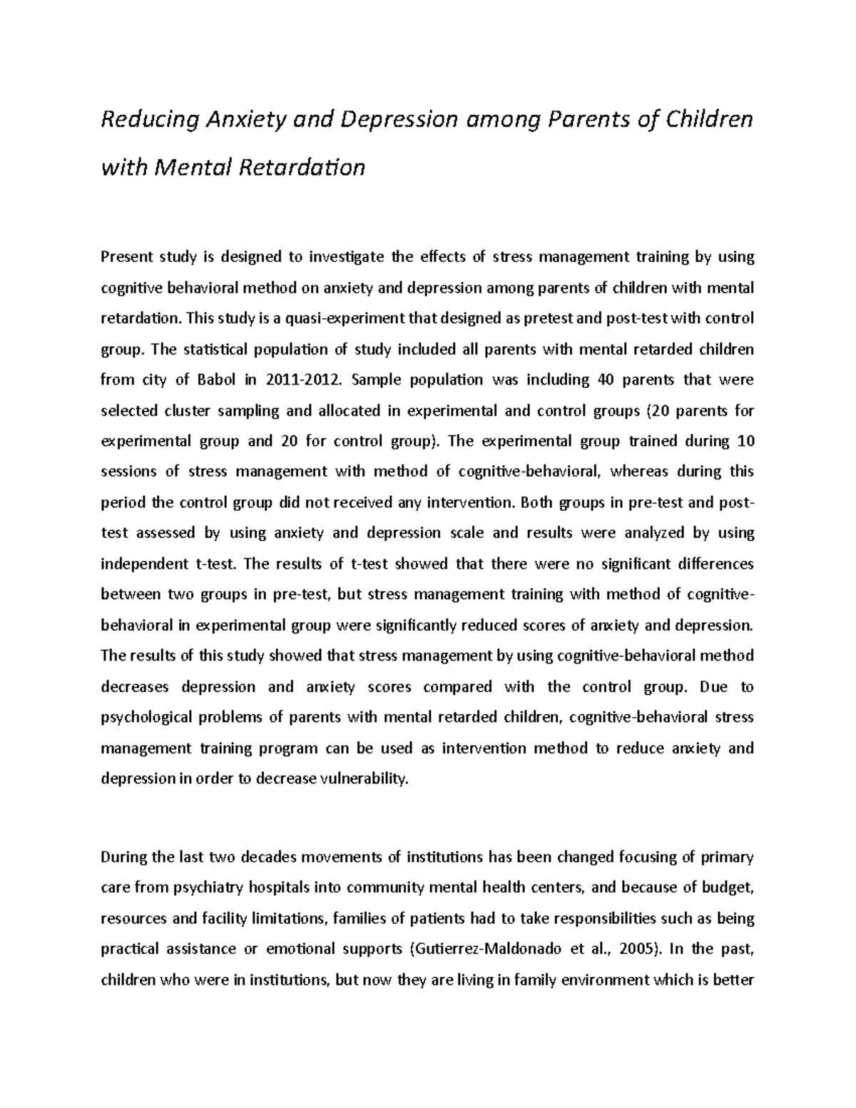 Reducing Anxiety and Depression among Parents of Children with Mental ...