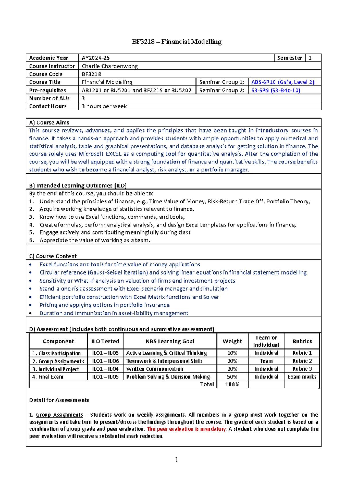 Course Outline - Summary Financial Modelling - BF3218 – Financial ...