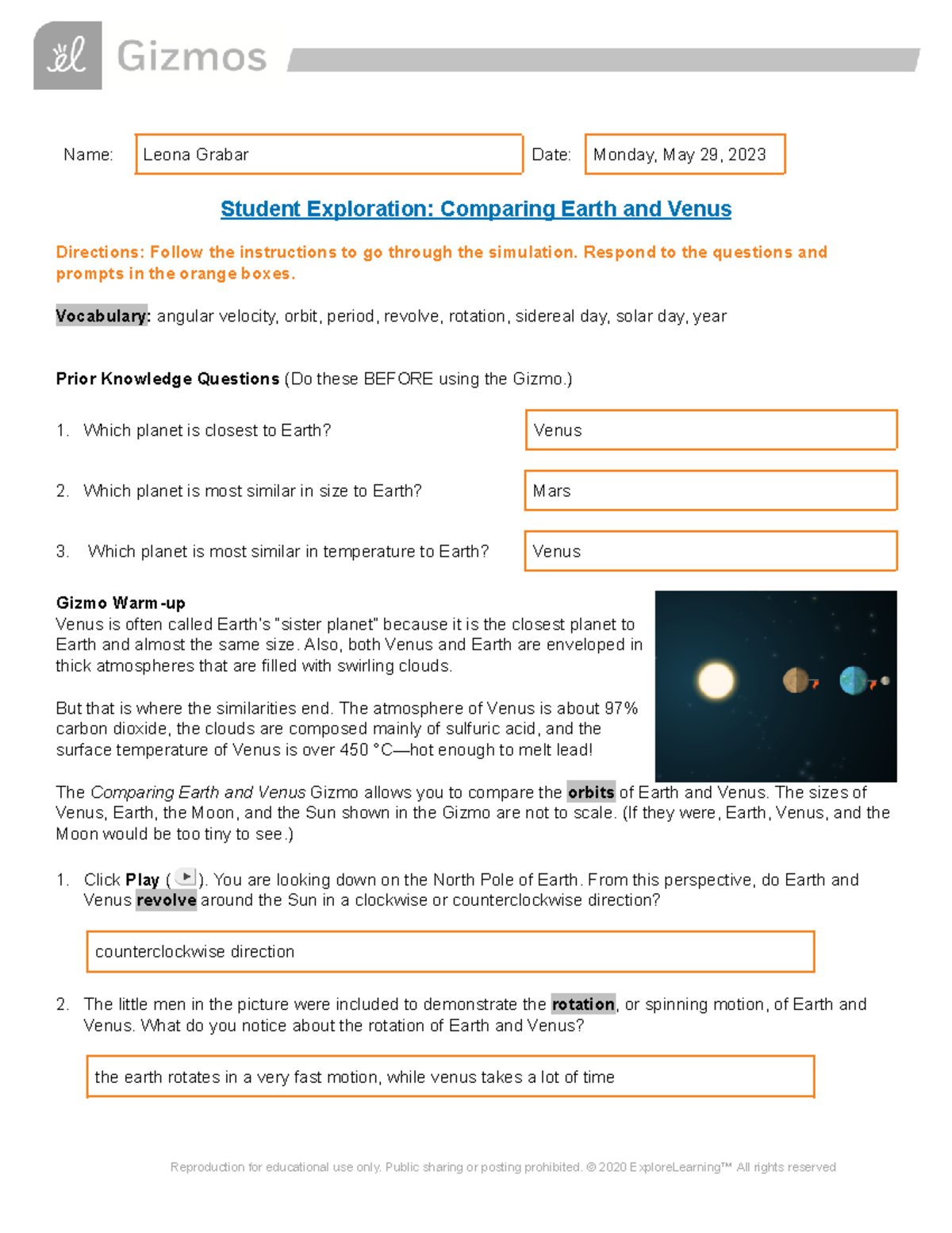 Copy of Comparing Earth Venus SE - Name: Leona Grabar Date: Monday, May ...