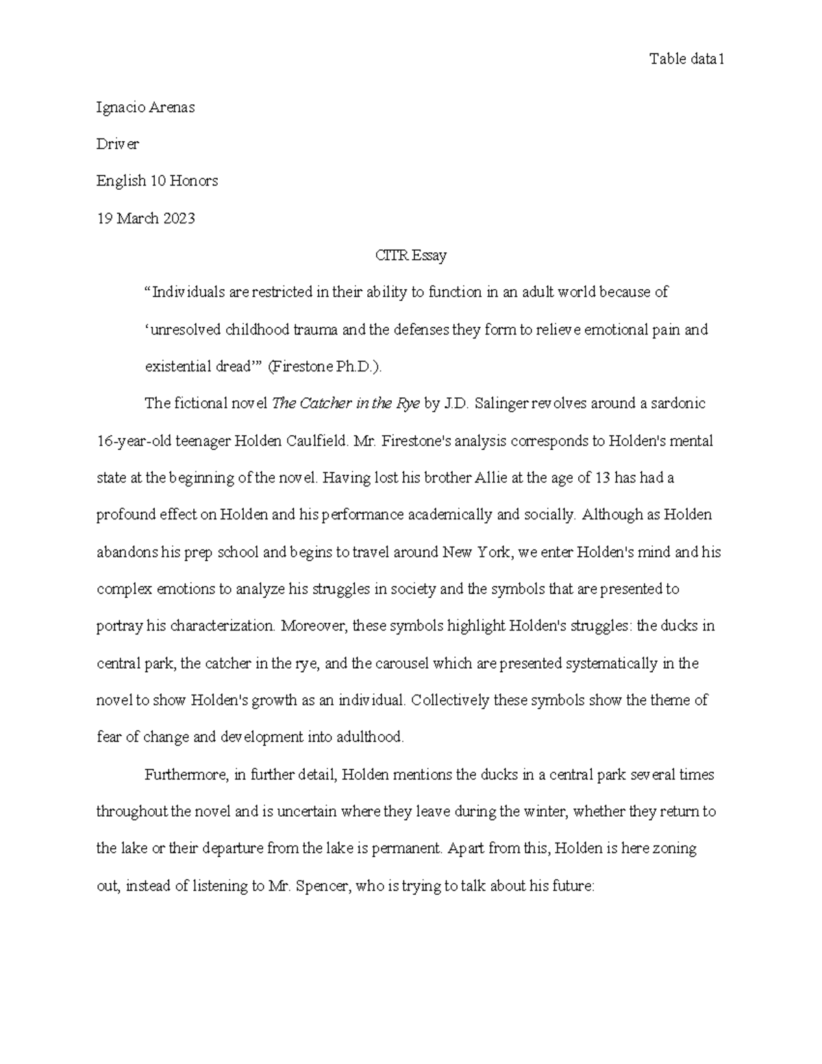 CITR Essay - rtyukljhgf - Ignacio Arenas Driver English 10 Honors 19 ...