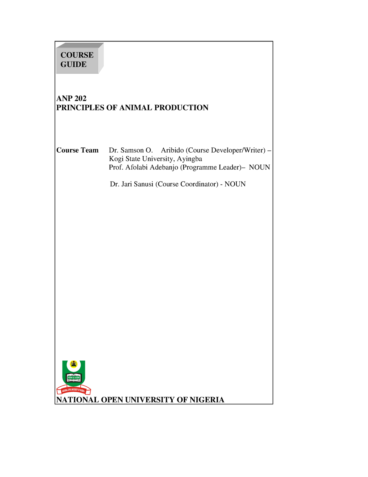 ANP 202 Principles of Animal Production ANP 202 PRINCIPLES OF ANIMAL