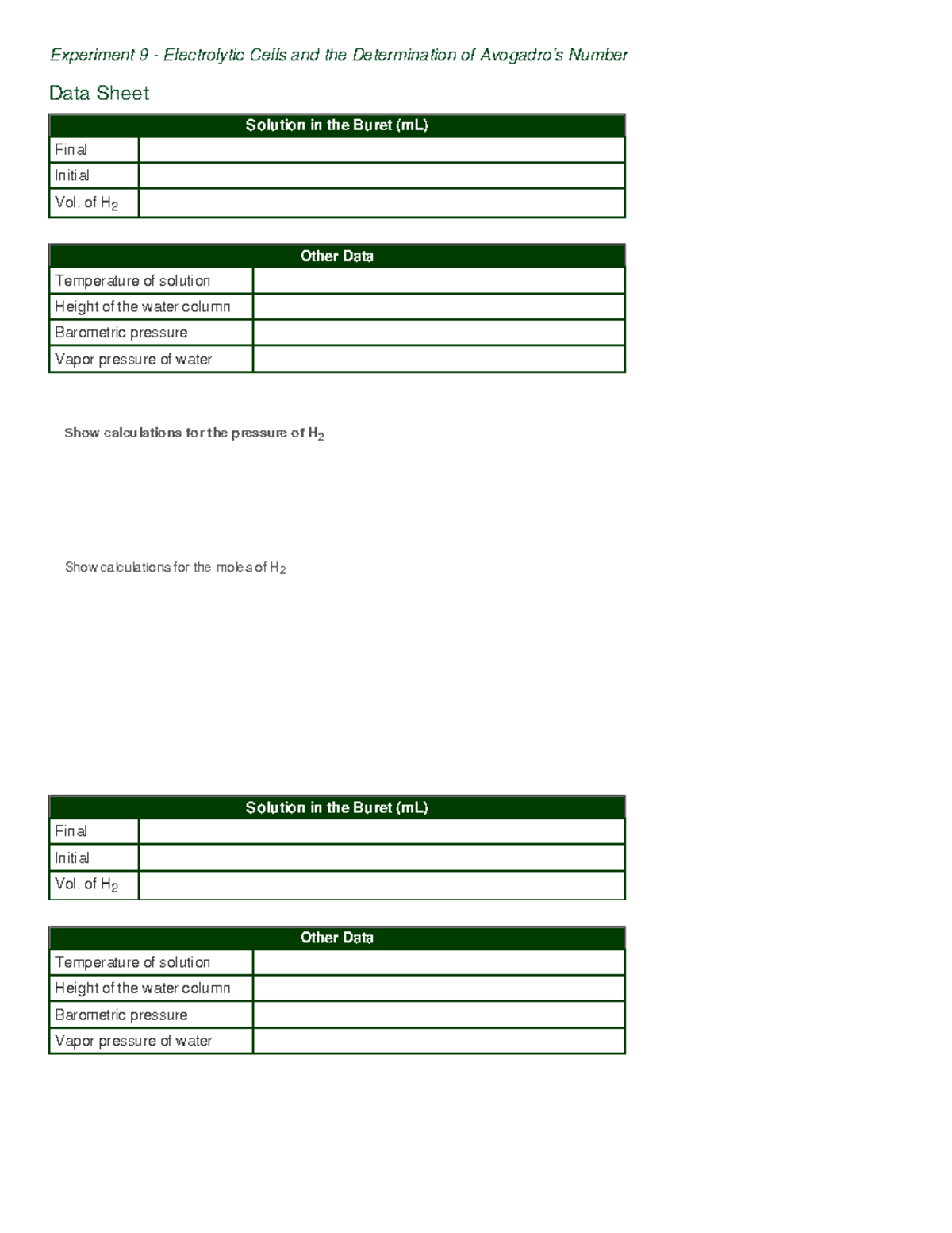 Experiment 9 - Data Sheet - Experiment 9 - Electrolytic Cells and the ...