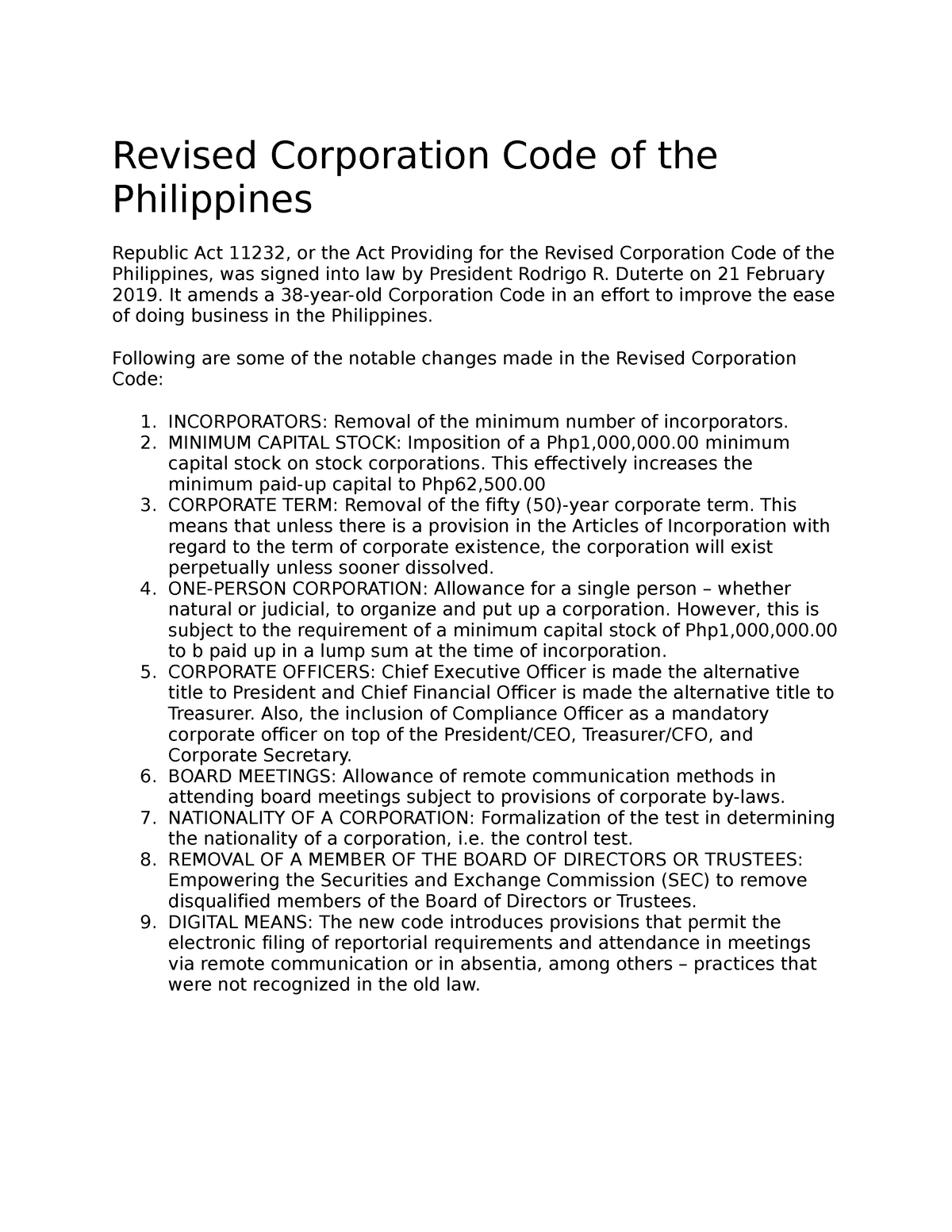 Revised Corporation Code Of The Philippines - Duterte On 21 February ...