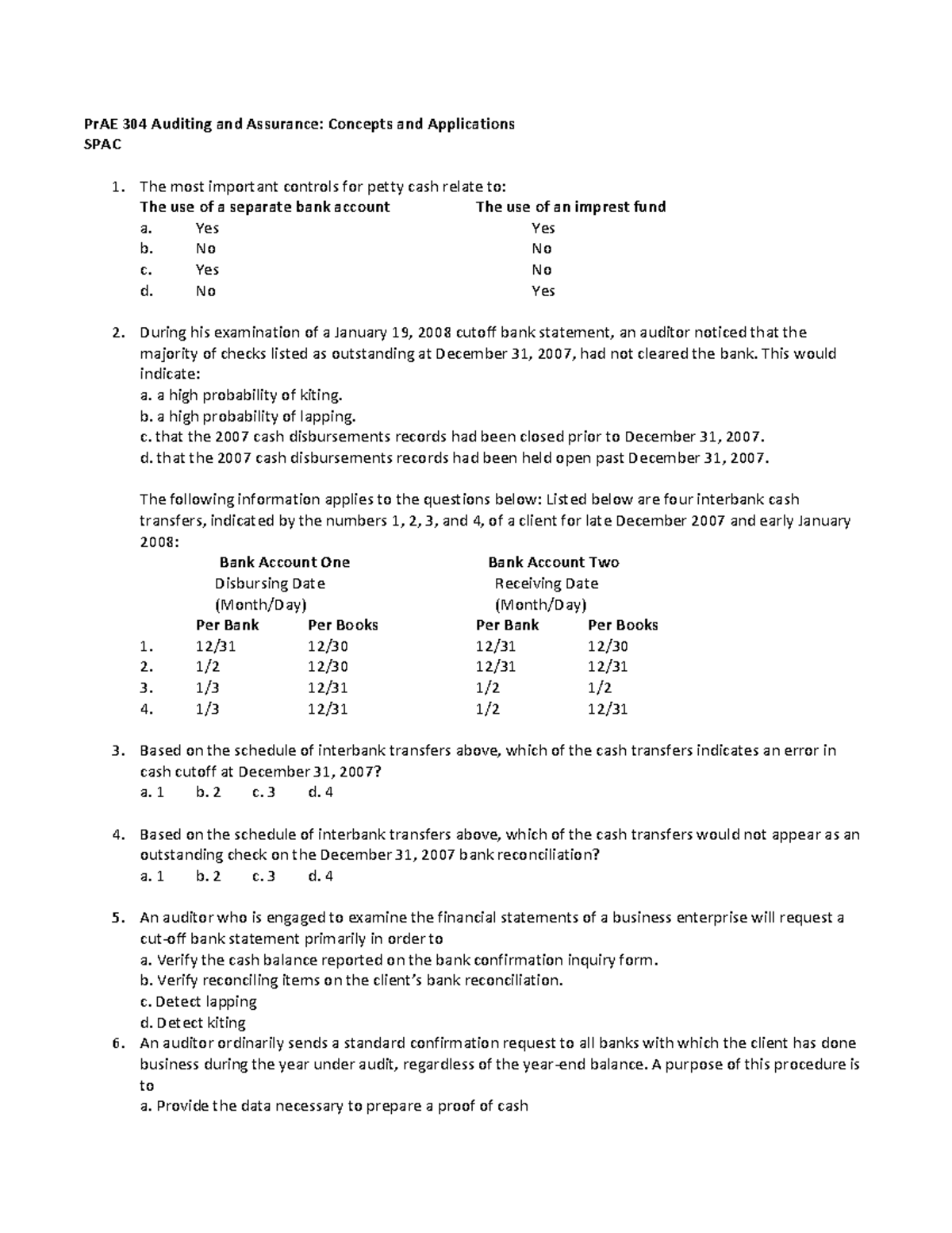 Midterm exam Audit - PrAE 304 Auditing and Assurance: Concepts and ...