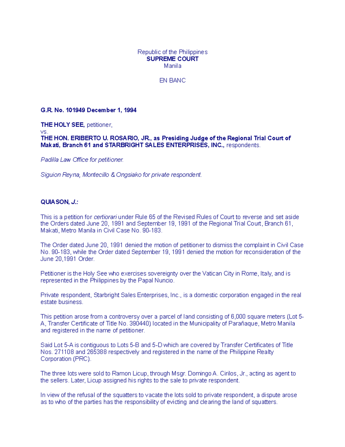 9 the holy see v del rosario 238 scra 524 1994 republic of the