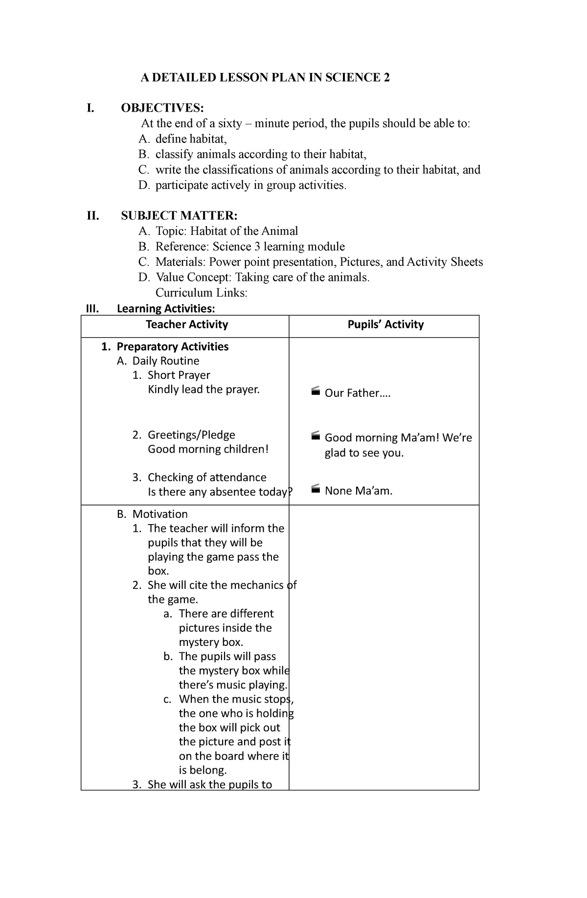 Science 2 - Habitat Of Animals - A DETAILED LESSON PLAN IN SCIENCE 2 I