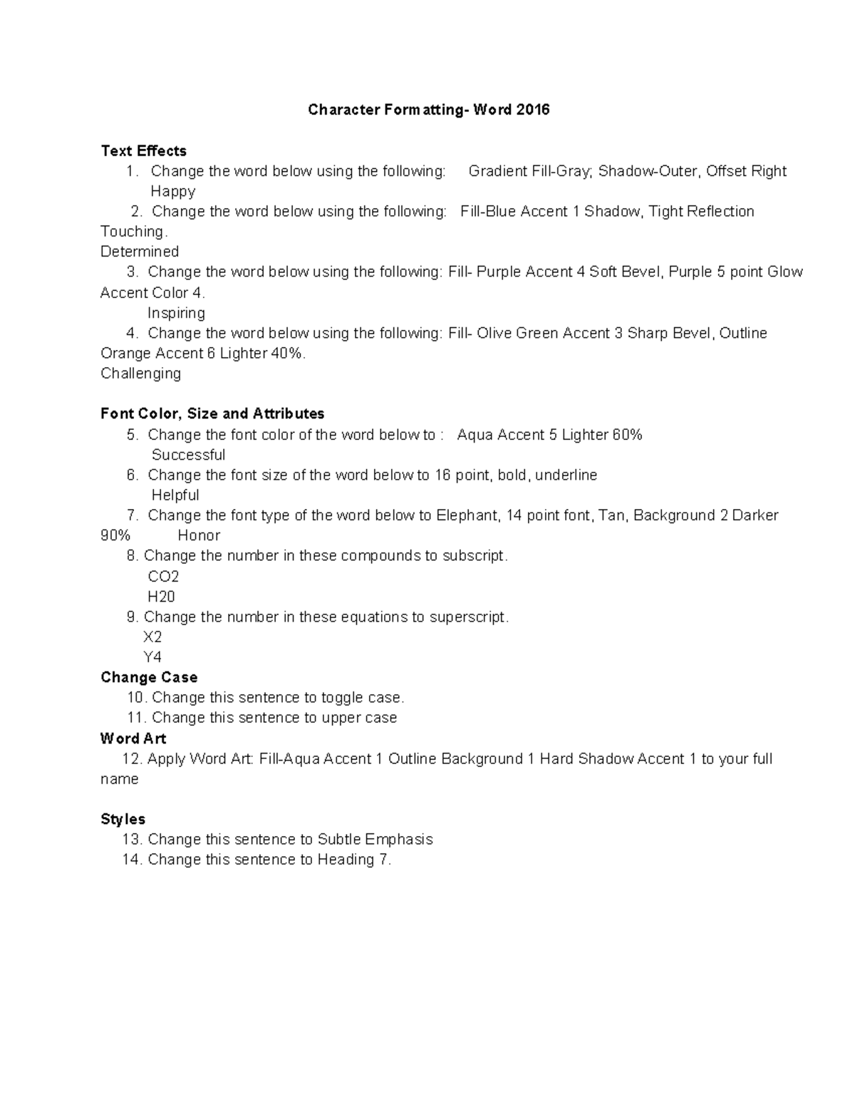 Character Formatting Activity Microsoft Word 2016-1 - Character ...