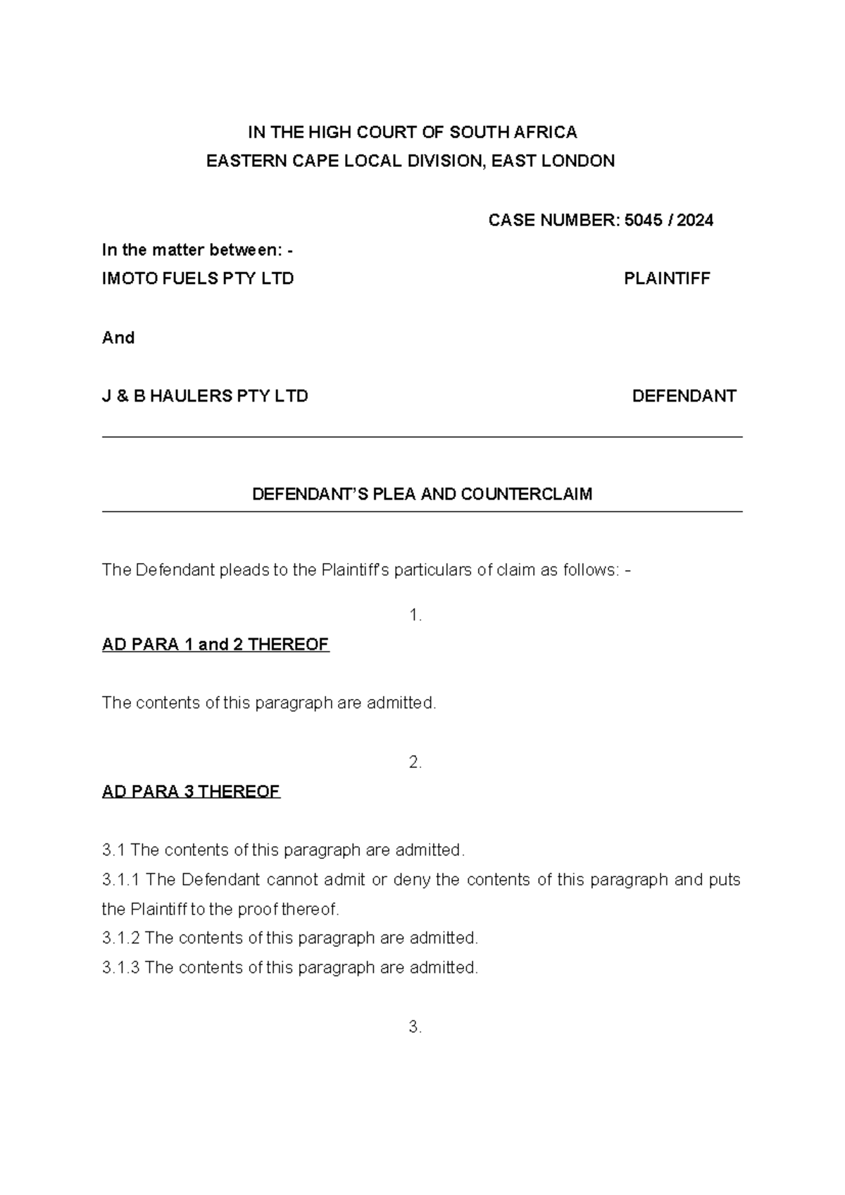 Defendents Plea and Counter Claim - IN THE HIGH COURT OF SOUTH AFRICA ...