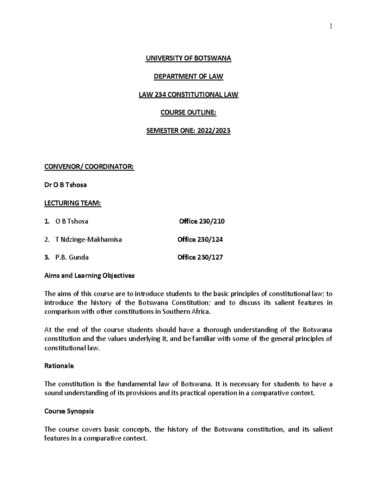 LAW 234 2022-2023 Course Outline - UNIVERSITY OF BOTSWANA DEPARTMENT OF ...