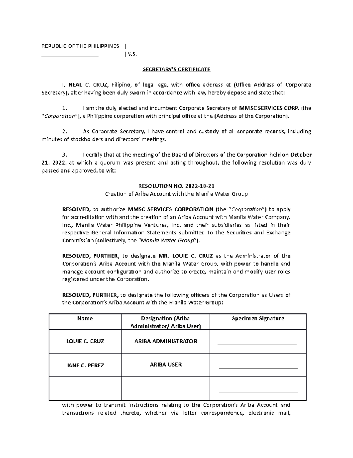 Secretary's Certificate Vendor Name Date - REPUBLIC OF THE PHILIPPINES