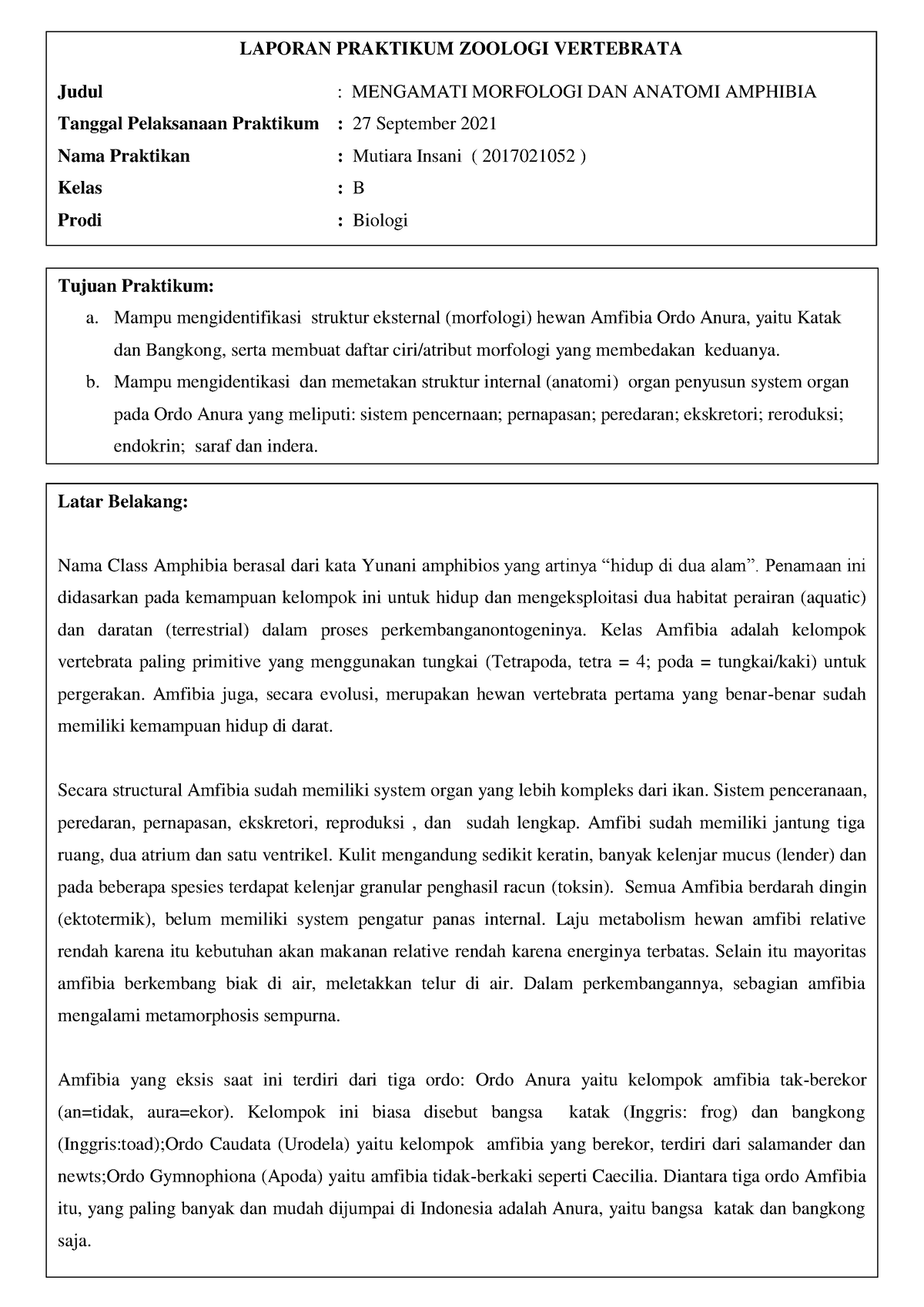 Laporan Praktikum Zoologi Vertebrata Amphibia - LAPORAN PRAKTIKUM ...