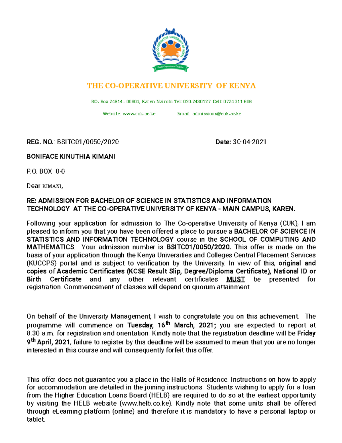 Admission Letter THE CO OPERATIVE UNIVERSITY OF KENYA P Box 24814 