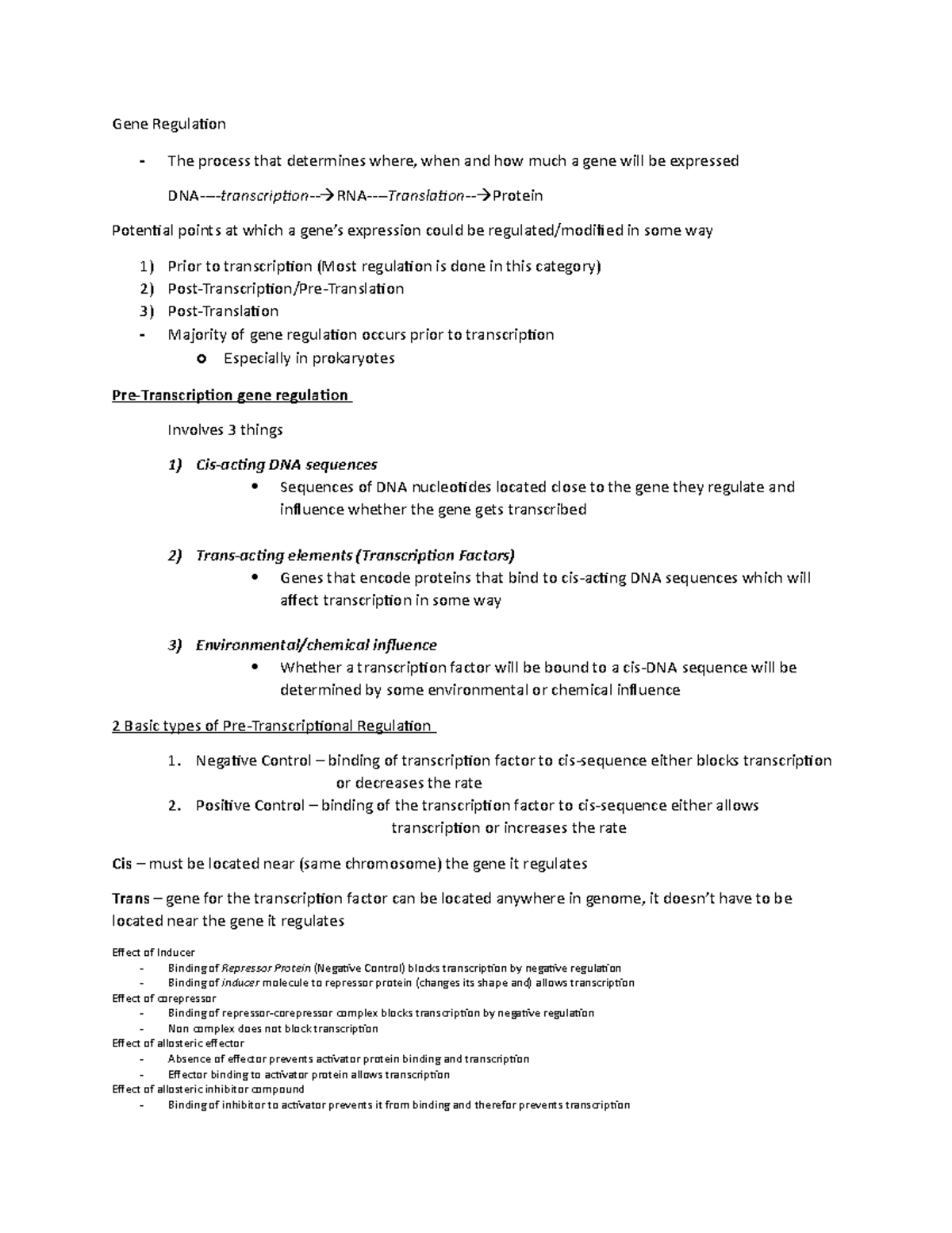 Genetics Exam3 Notes - Gene Regulation The process that determines ...