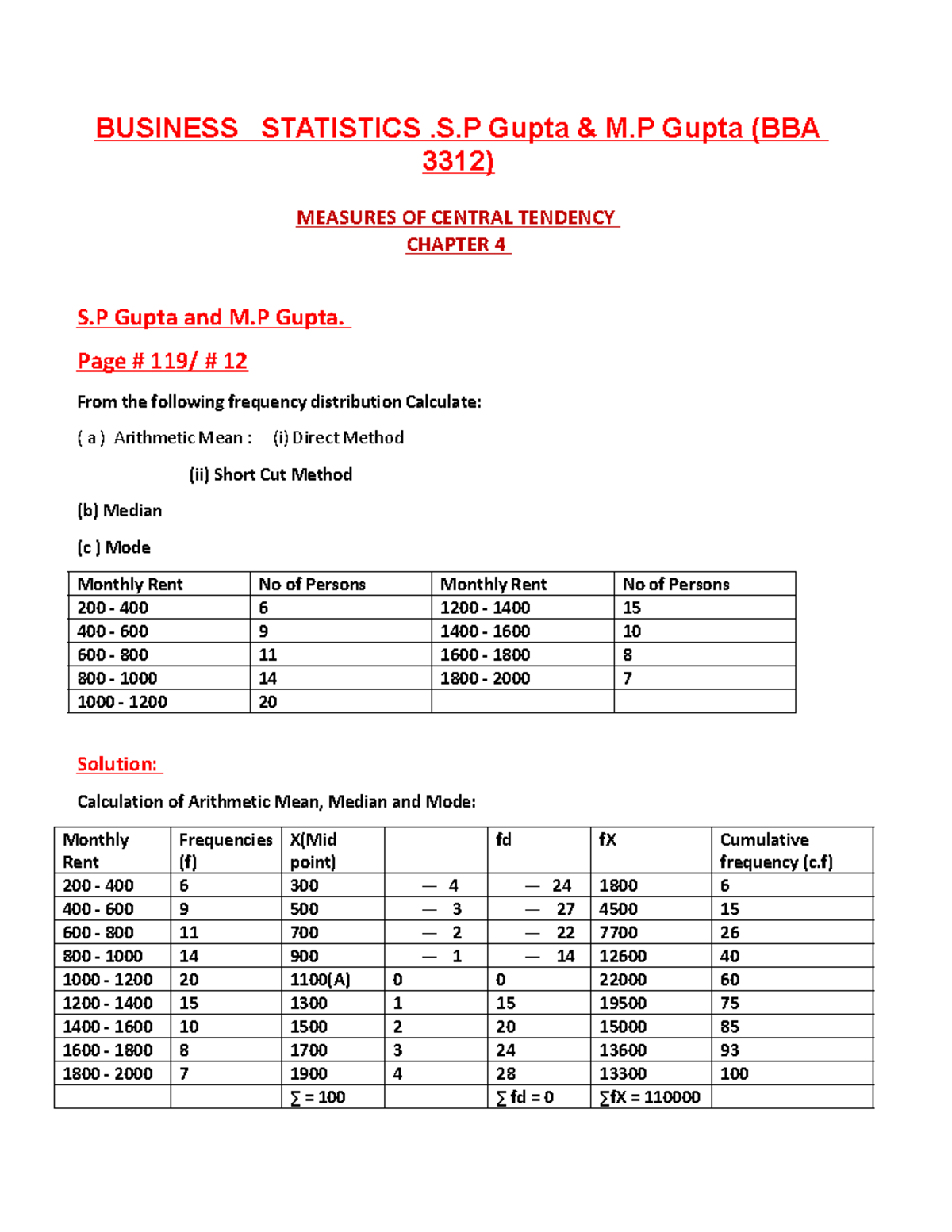 Chapter 04 - BUSINESS STATISTICS .S Gupta & M Gupta (BBA 3312) MEASURES ...